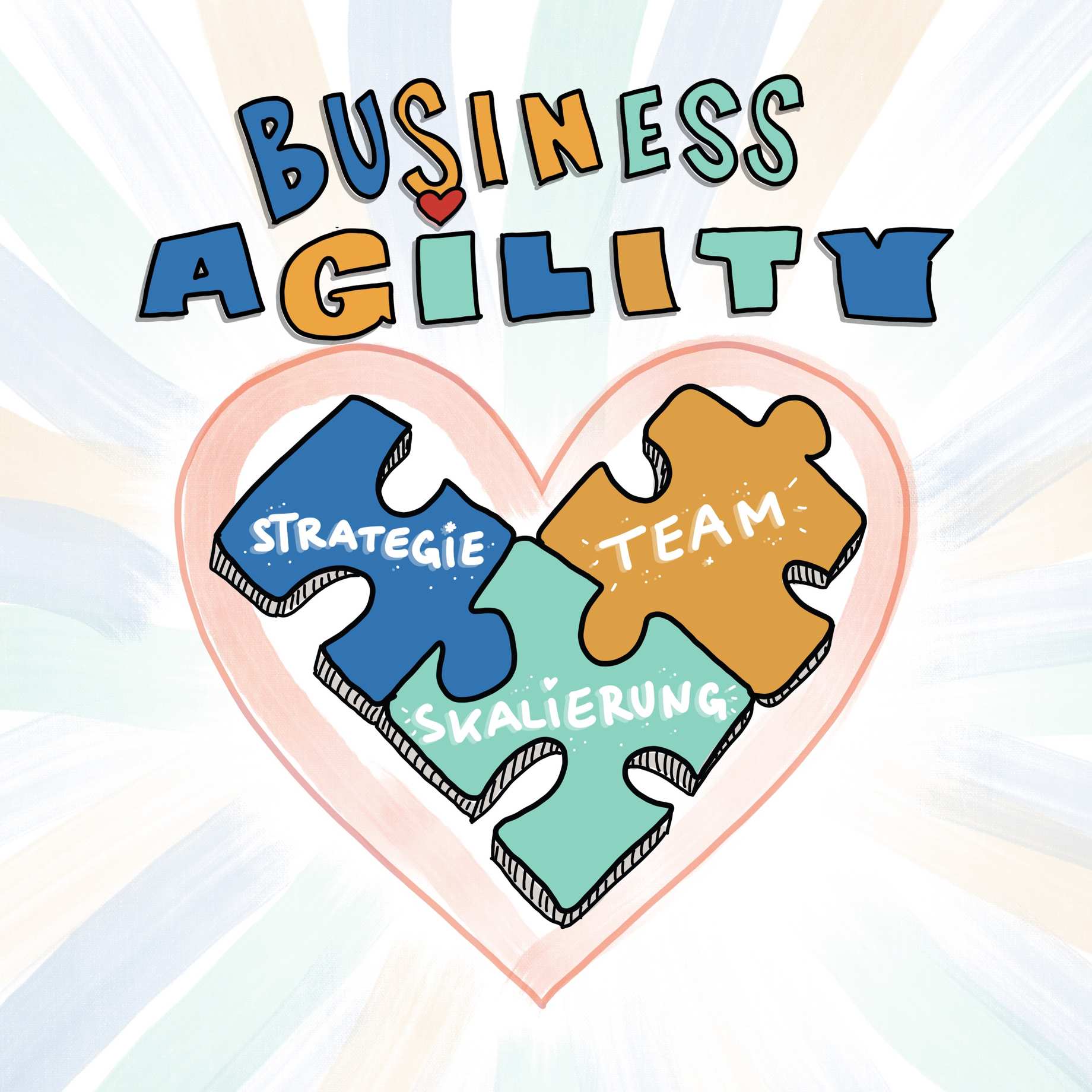 It is a square sketch, in the center of which there is a heart, from which pastel colored rays go in all directions. - Above the heart in colorful painted letters it says: Business Agility. - The inside of the heart consists of 3 differently colored puzzle pieces that interlock. From top left to top right, these are: "Strategy", "Scaling" and "Team".