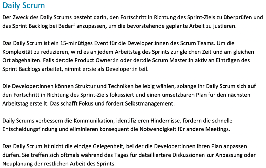 Auszug aus dem deutsch Scrum Guide zum Daily Scrum