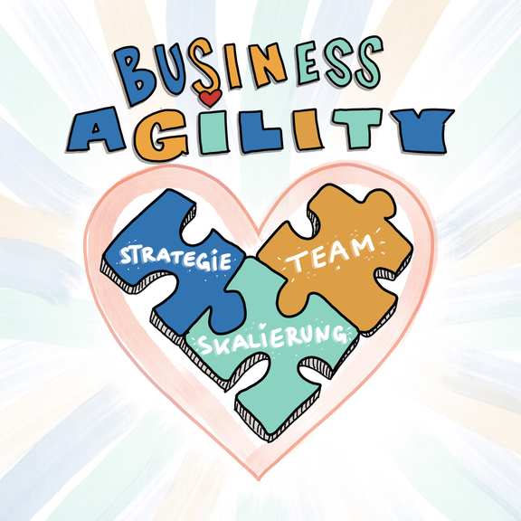 Es handelt sich um eine quadratische Skizze, in deren Mitte sich ein Herz befindet, von dem pastellfarbige Strahlen in alle Richtungen gehen. - Über dem Herz steht in bunten, gemalten Buchstaben: Business Agility. - Das innere des Herzens besteht aus 3 unterschiedlich gefärbten Puzzleteilen, die ineinander greifen. Von oben links nach oben rechts sind dies: