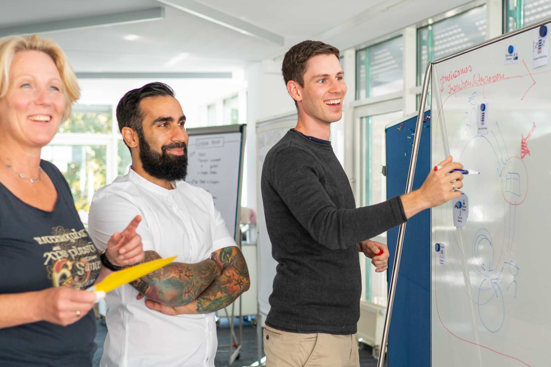 A group of 3 people outline a SAFe improvement cycle on a whiteboard.
