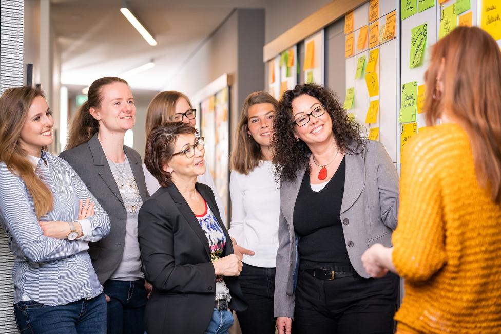 Das Bild zeigt ein Scrum Team, das vor einem Scrum Board arbeitet.