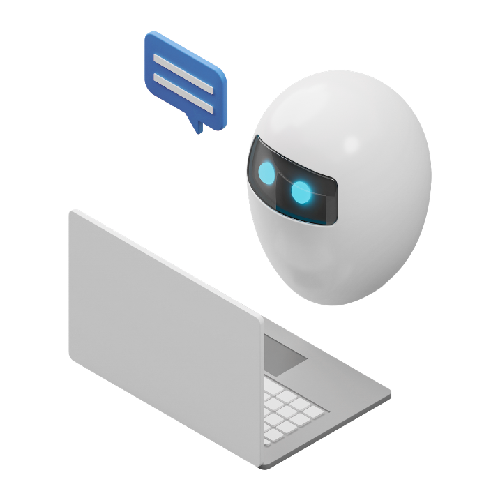 AI chatbot hovering in front of a laptop. You can also see a blue speech bubble.