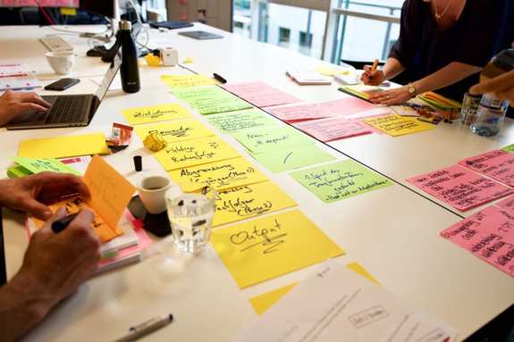 The picture shows a table with postit at a wibas workshop.