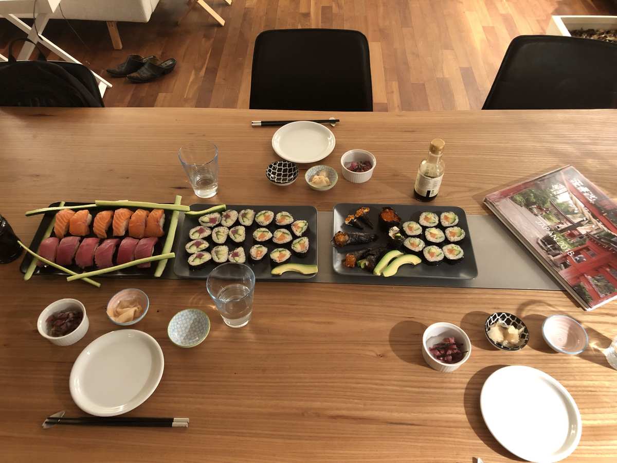 set table with homemade sushi