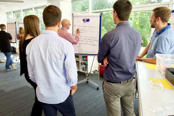 Team arbeitet in einem großen Raum an einem Flipchart zum Thema Agile Prinzipien