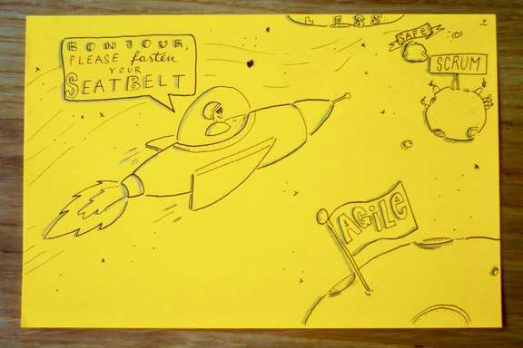 Post it with rocket to planets Scrum and Agile